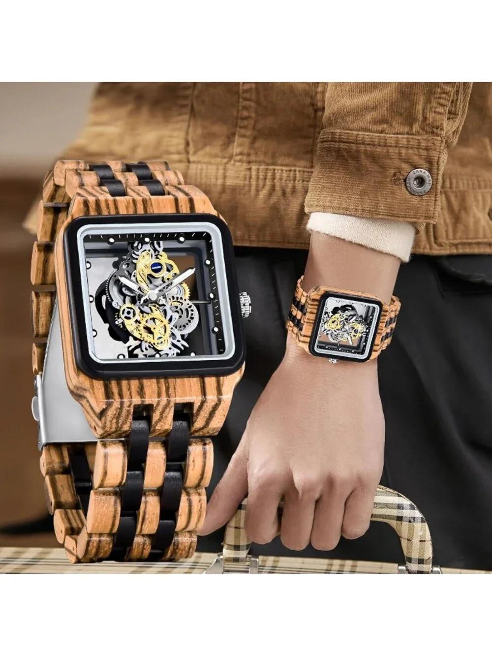 Men's Brown Square Skeleton Buckle Analog Quartz Classic Walking Wooden Watch